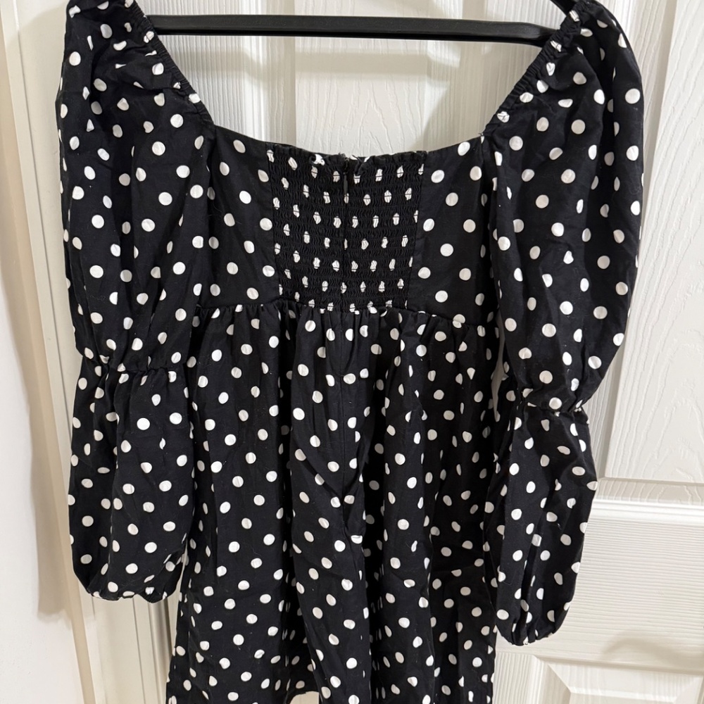 Adorable Reformation Michaela Organic Cotton Polka Dot Mini Dress Black Sz 2 - Picture 4 of 6
